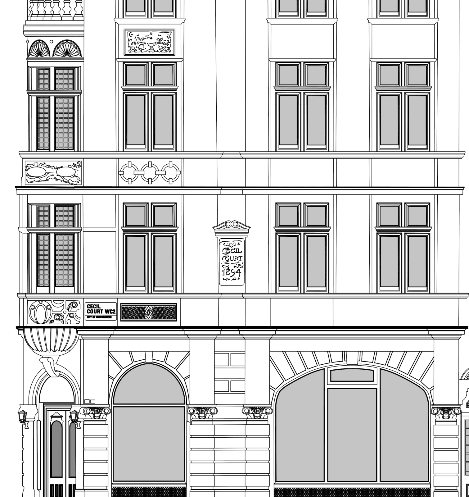 Measured building survey elevation drawing showing building façade and architectural features
